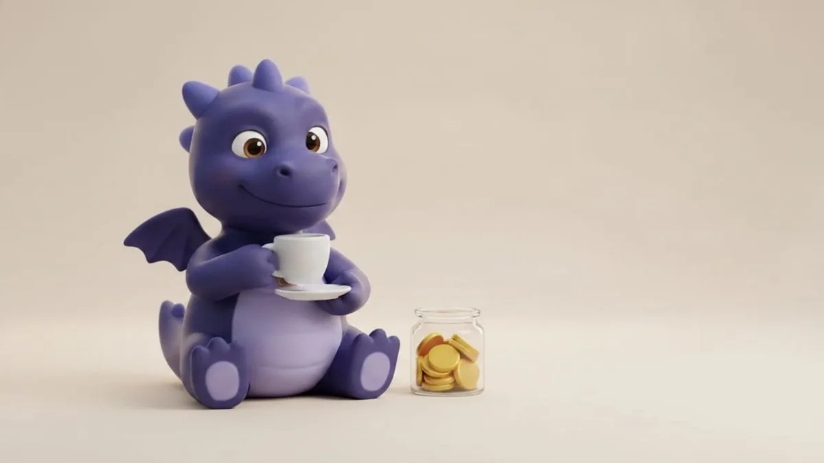 Auric sipping an espresso next to a small jar of coins