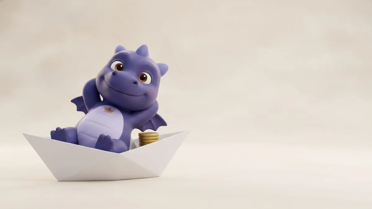 Auric lying back in a paper boat with a small stack of coins aboard