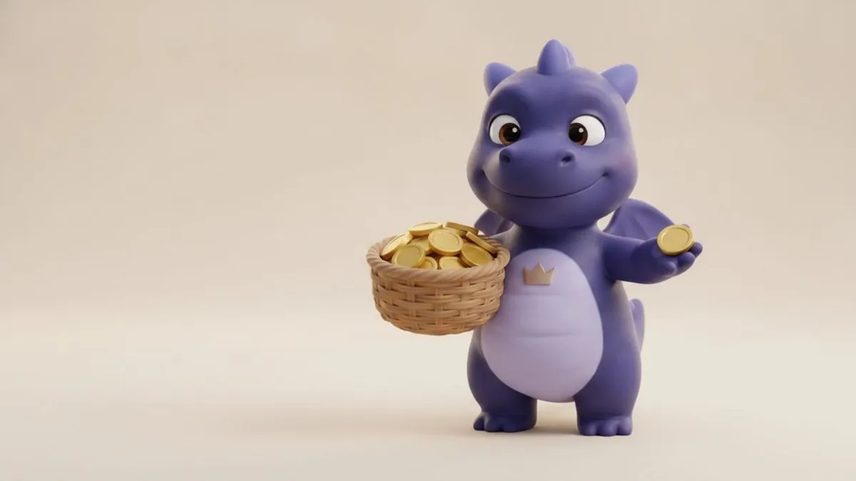 Auric holding a woven basket full of gold coins
