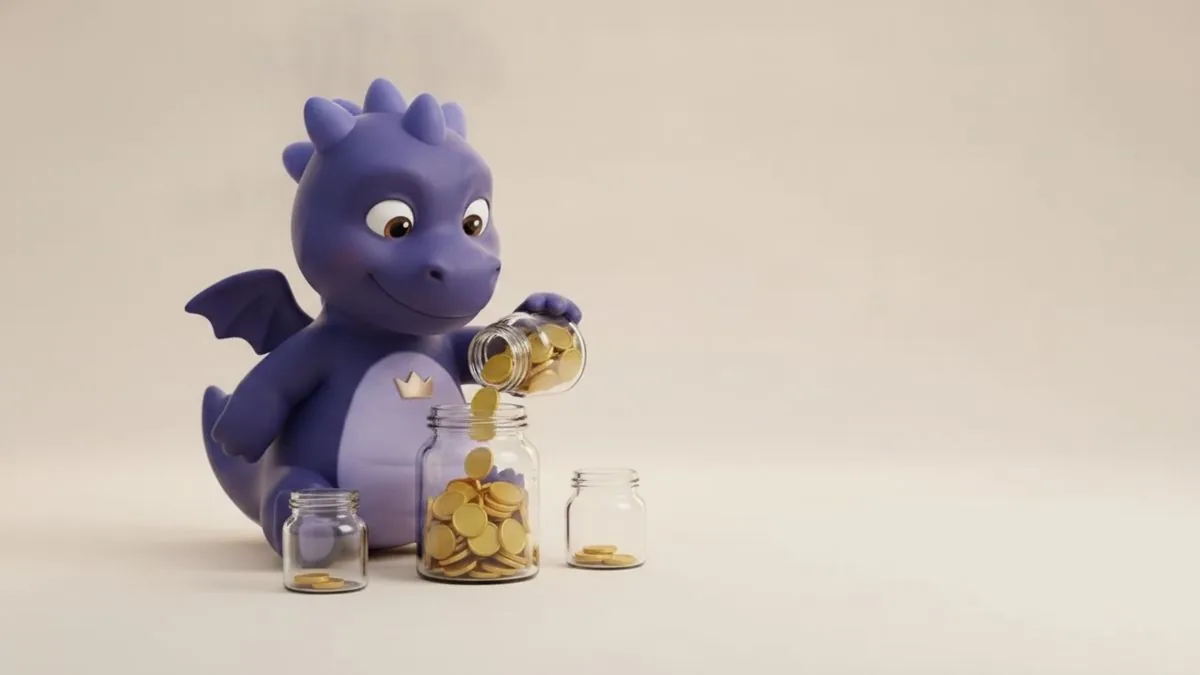 Auric pouring coins from three small jars into one large jar